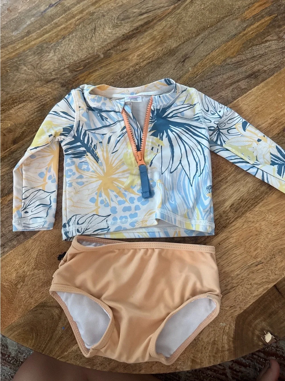 Girls' Floral Long-Sleeve Rash Guard Swim Set - Peach & Blue 6-12 m